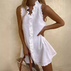 Sleeveless Ruffled Lotus Leaf V Neck Cotton Linen Mini Dress