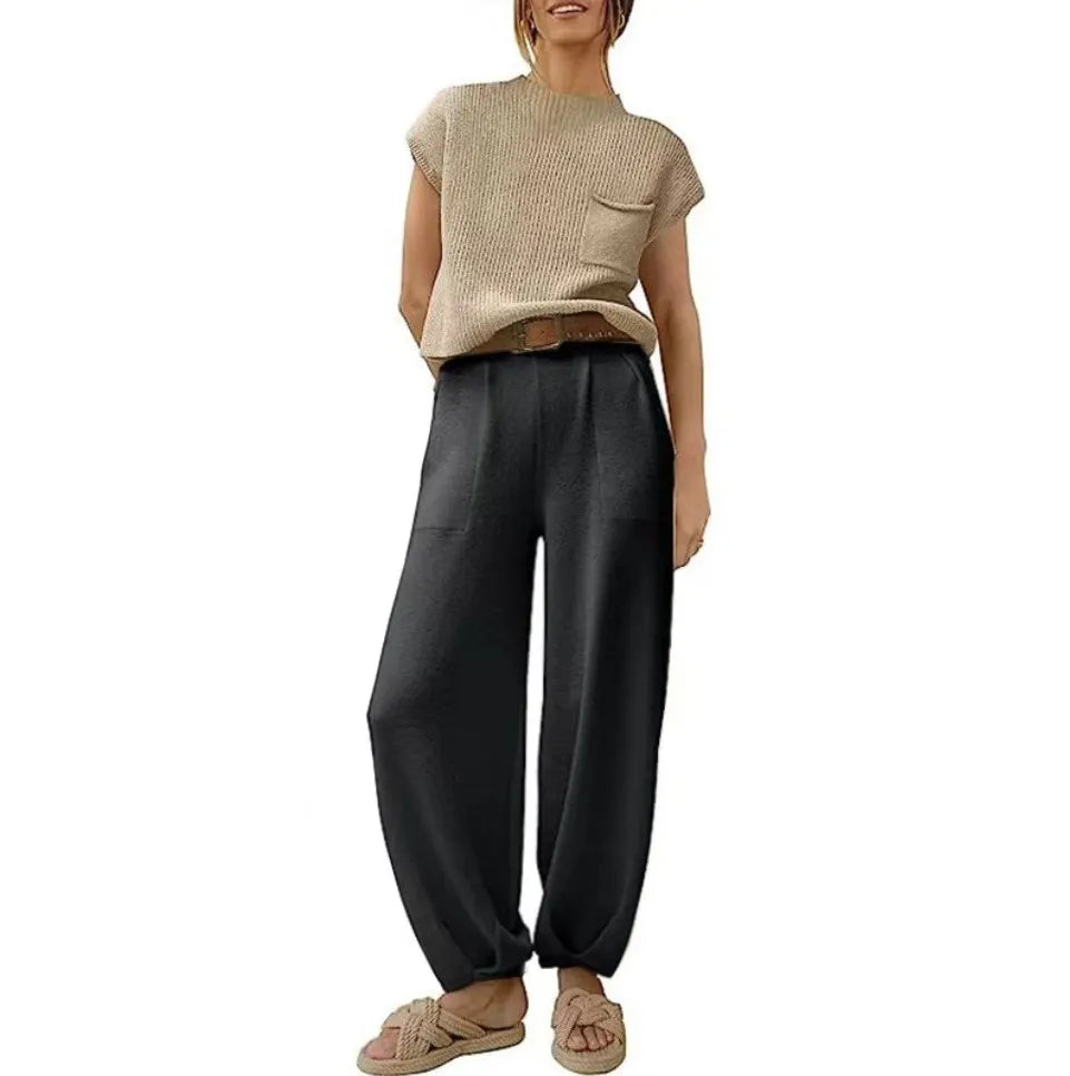 White Knit Short-Sleeve Top & Khaki High-Waisted Pants Two-Piece Set