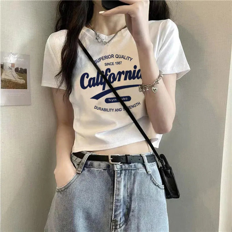 Round Neck California Letter Print Slim Fit Crop Short Sleeve T-Shirt