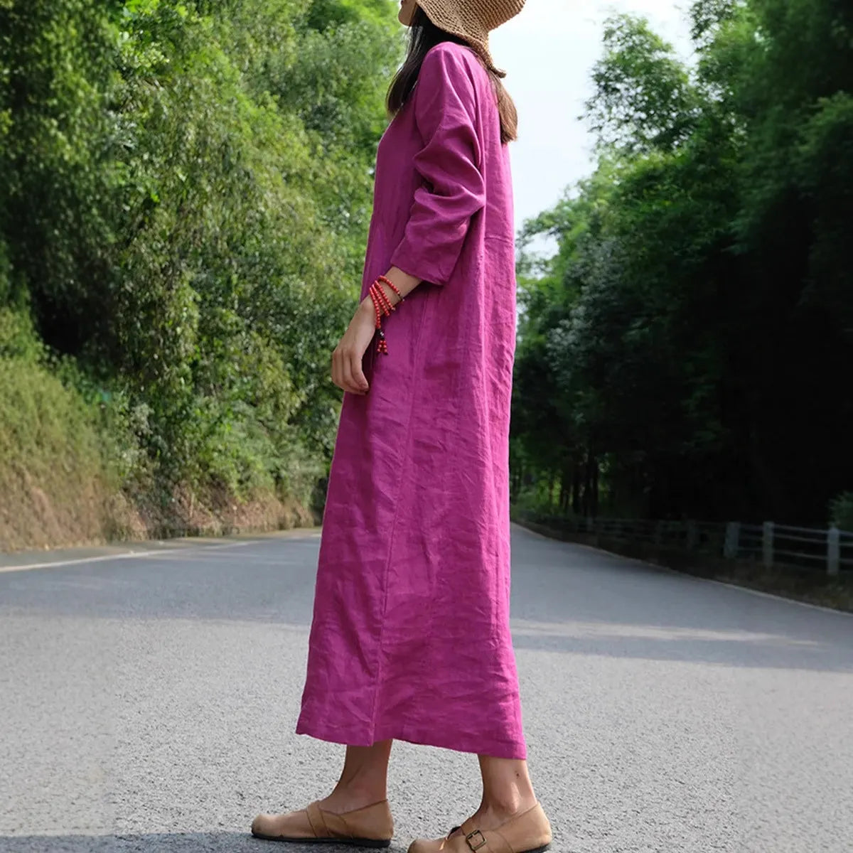 Loose Cotton Linen Round Neck Long Sleeve Maxi Dress Casual Pocket Campus Daily Commuter Dress