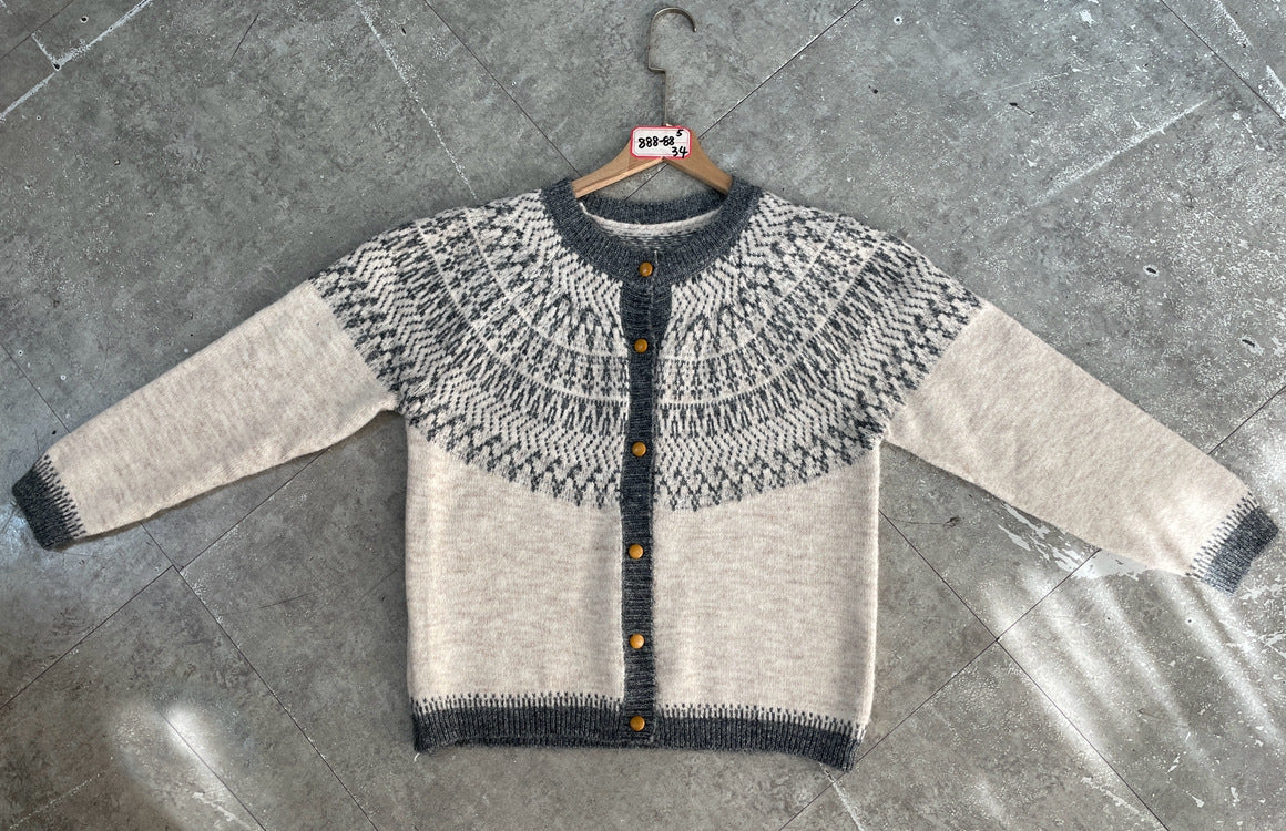 Nordic Geometric Pattern Knit Cardigan Round Neck Button Front Cozy Long Sleeve Sweater for Women
