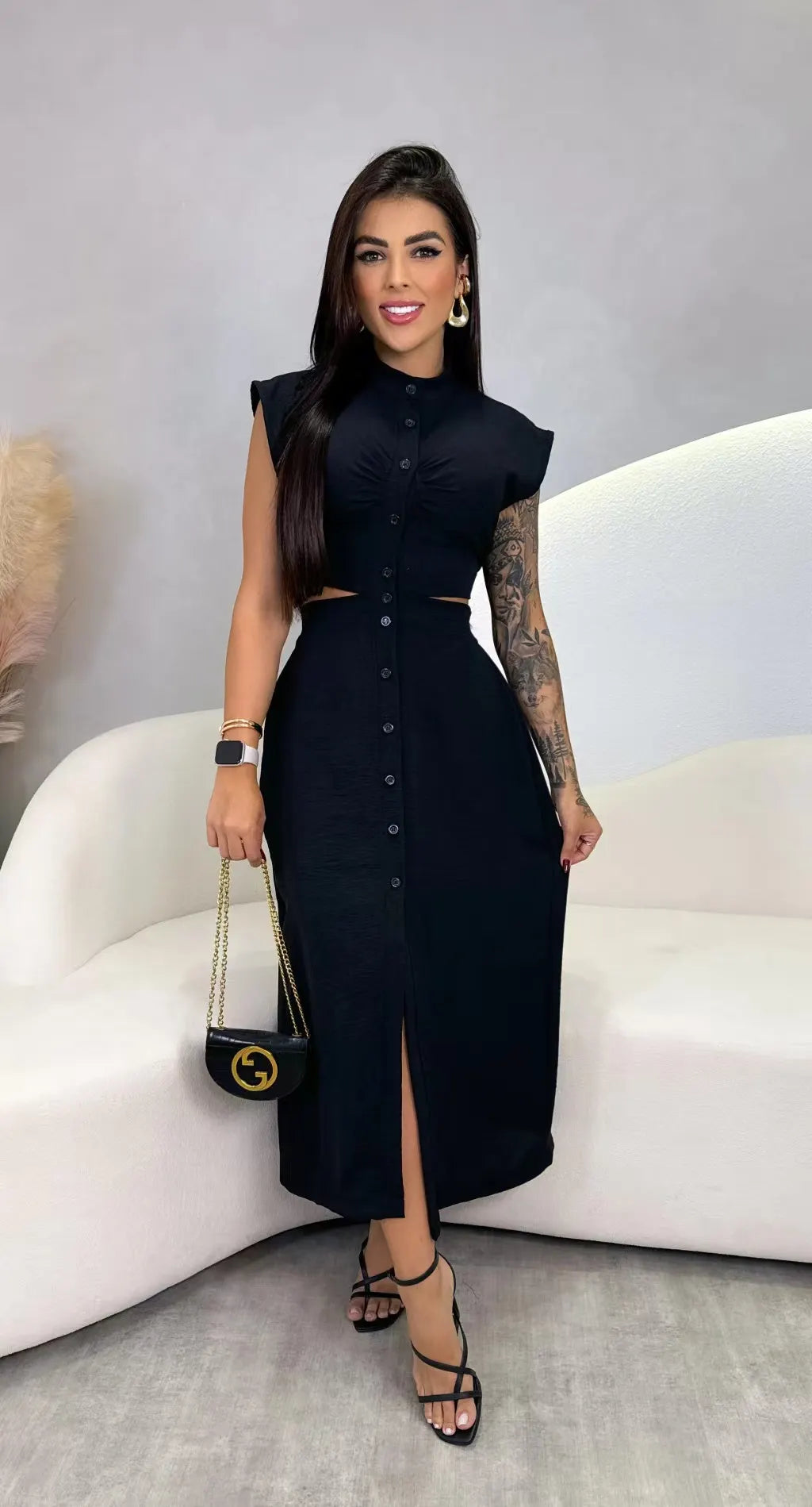 Apricot Stand Collar Cutout Button Midi Dress