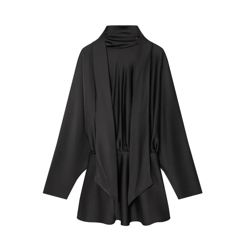 Solid Tie Scarf Collar Pleated Long Sleeve Satin Mini Dress