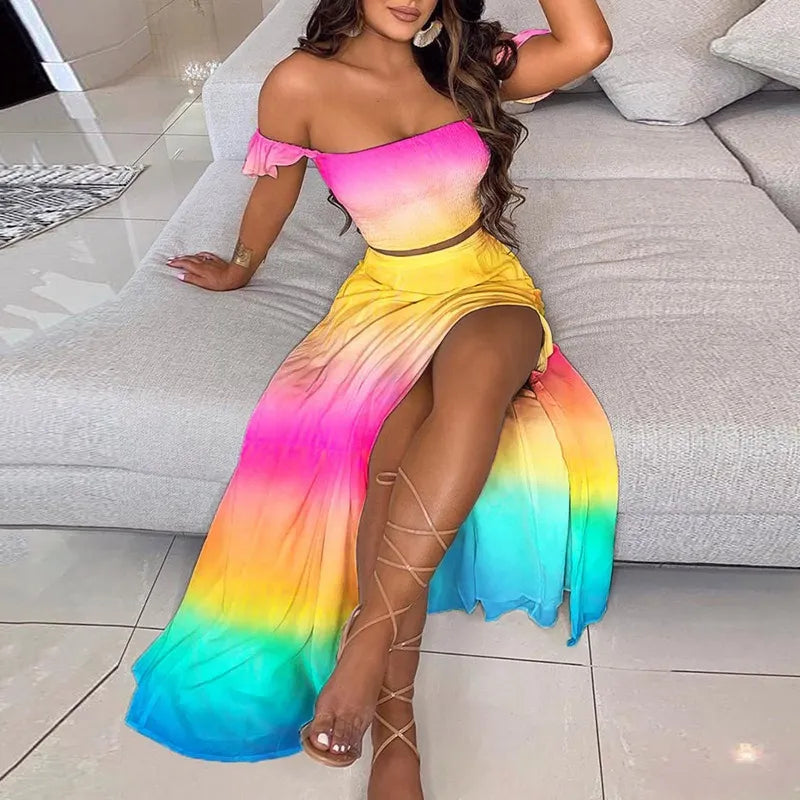 Off Shoulder Ruffle Crop Top & Floral Print High Slit Maxi Skirt 2 Piece Outfit Set