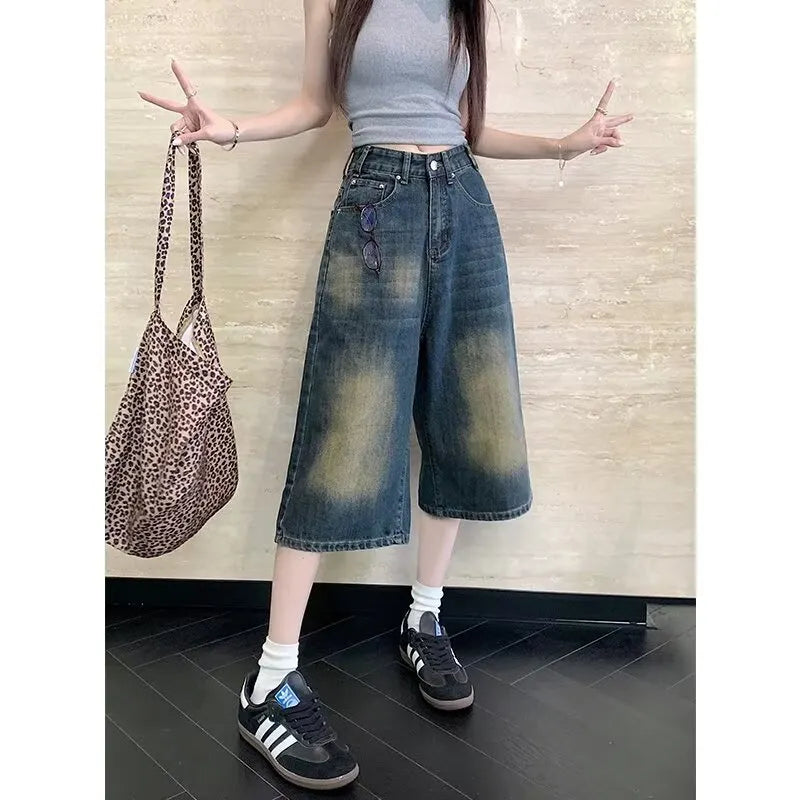 Vintage Mud Washed Gradient Cropped Wide Leg Jeans