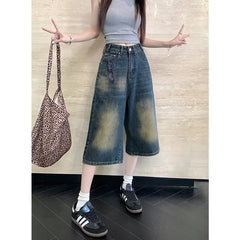 Vintage Mud Washed Gradient Cropped Wide Leg Jeans