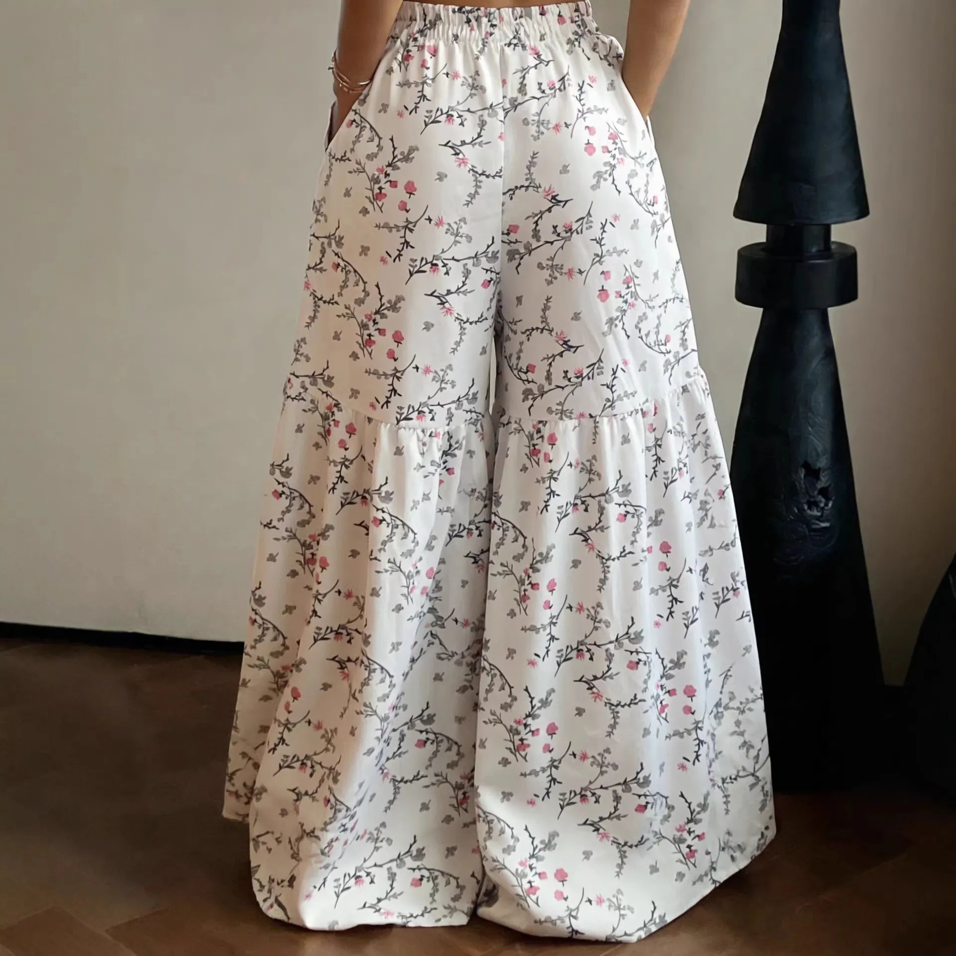 Elastic High Waist Floral Print Ruffle Wide Leg Palazzo Pants