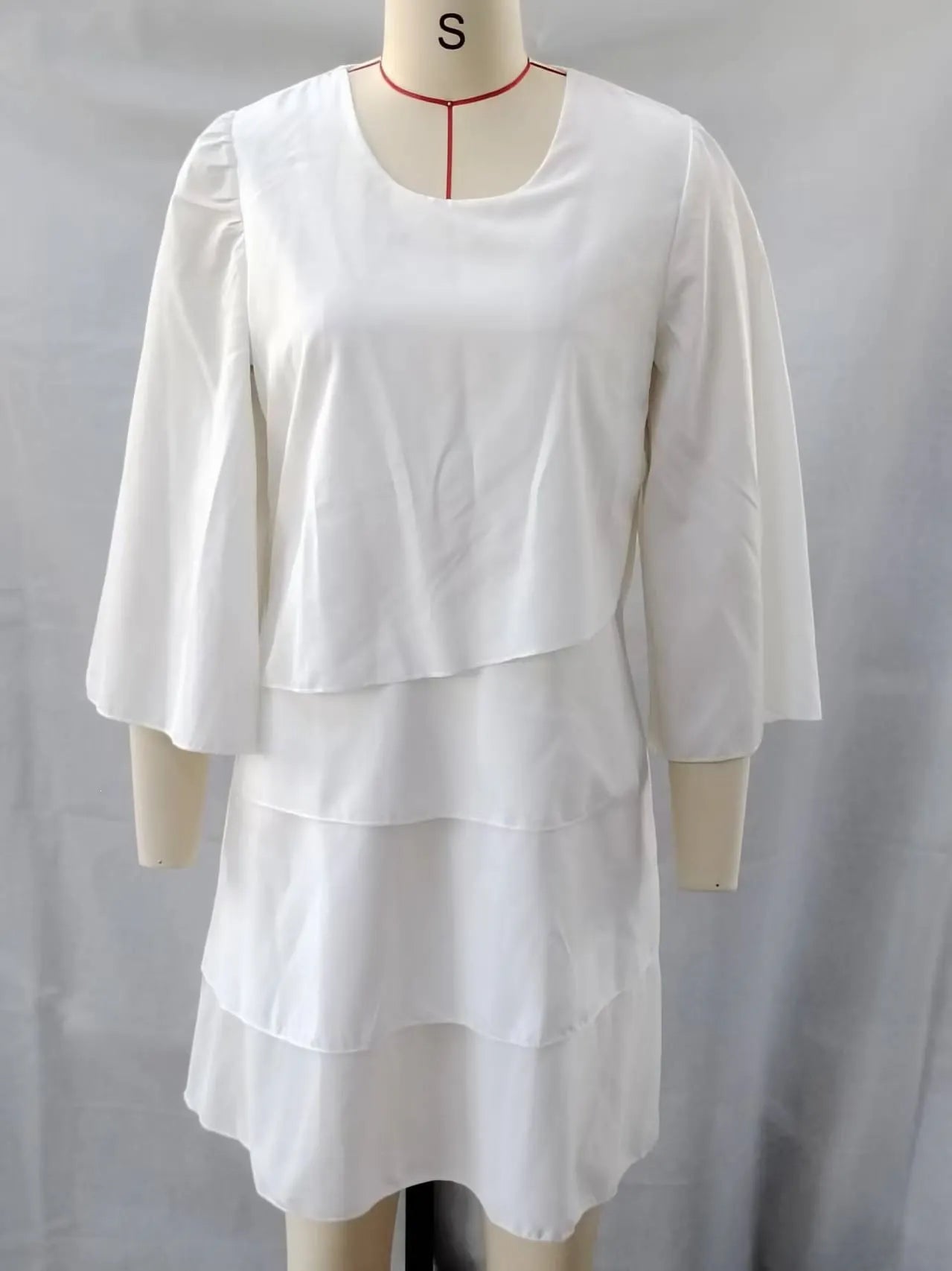 Solid Color Round Neck Layered Flared Sleeve Dress