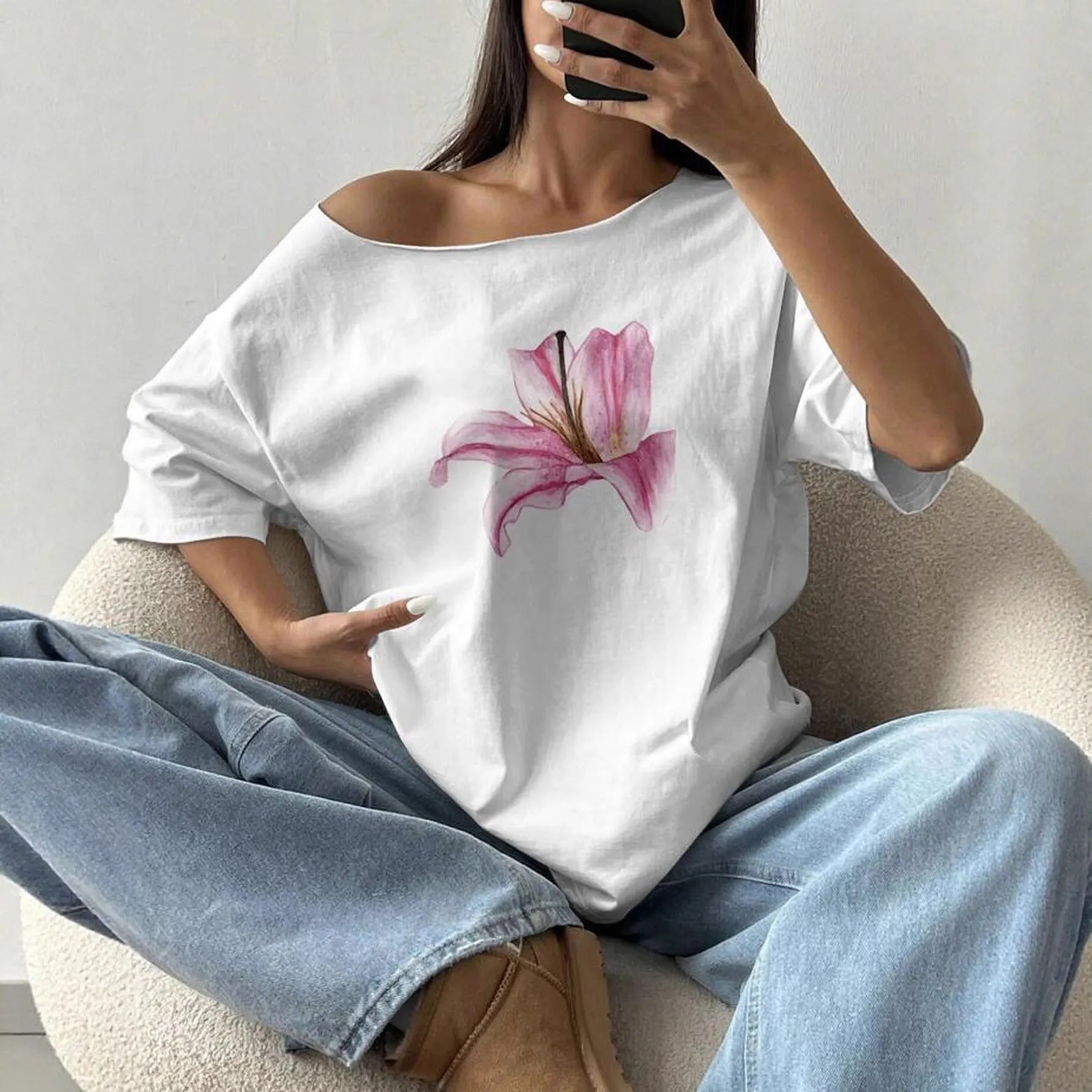 Floral Print Irregular Neck Loose Short Sleeve Casual Top