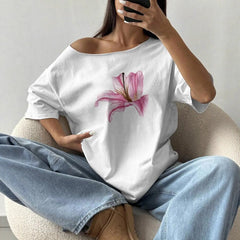 Floral Print Irregular Neck Loose Short Sleeve Casual Top