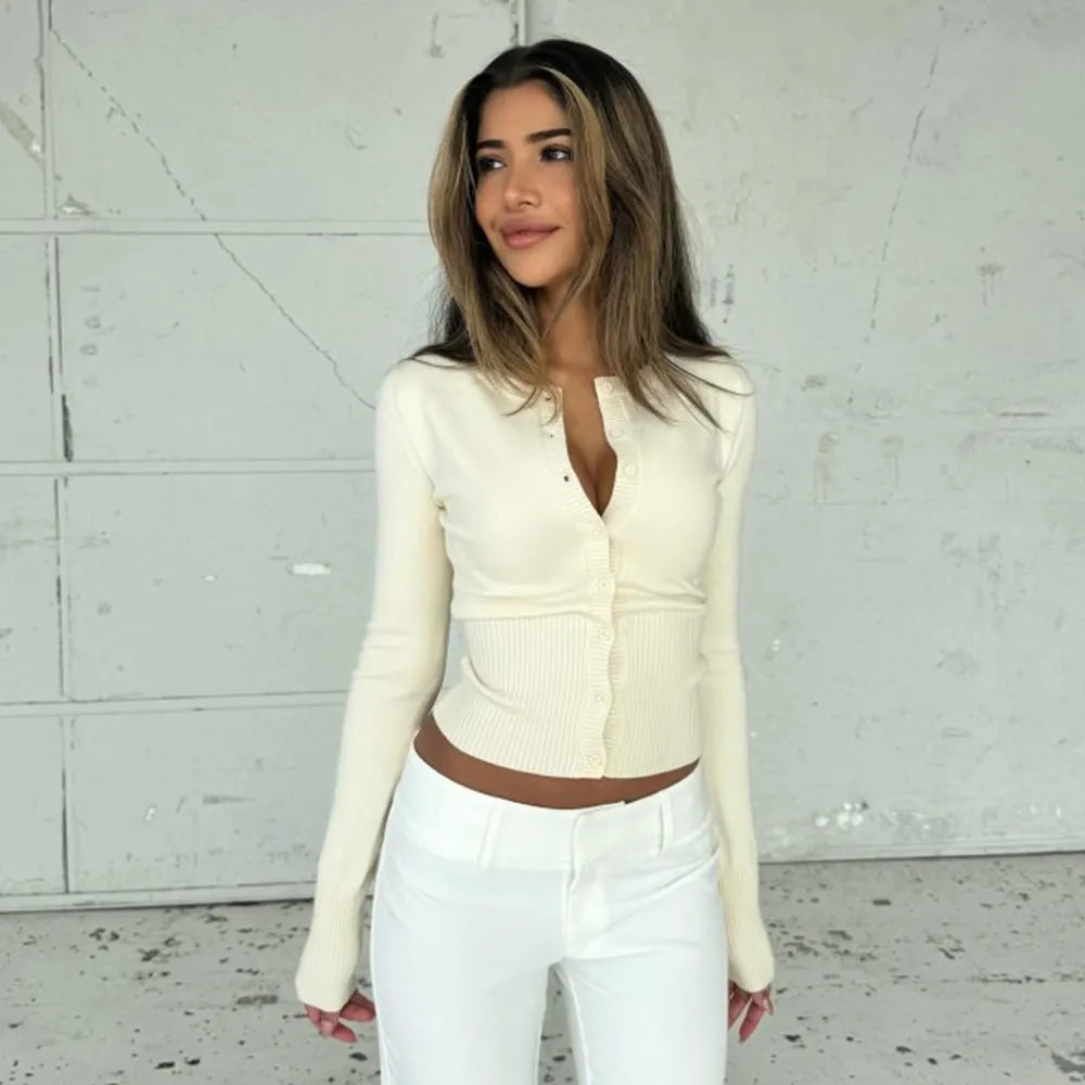 Y2K Button Front Crop Knit Top, Round Neck Long Sleeve Fitted Gray Sweater Cardigan