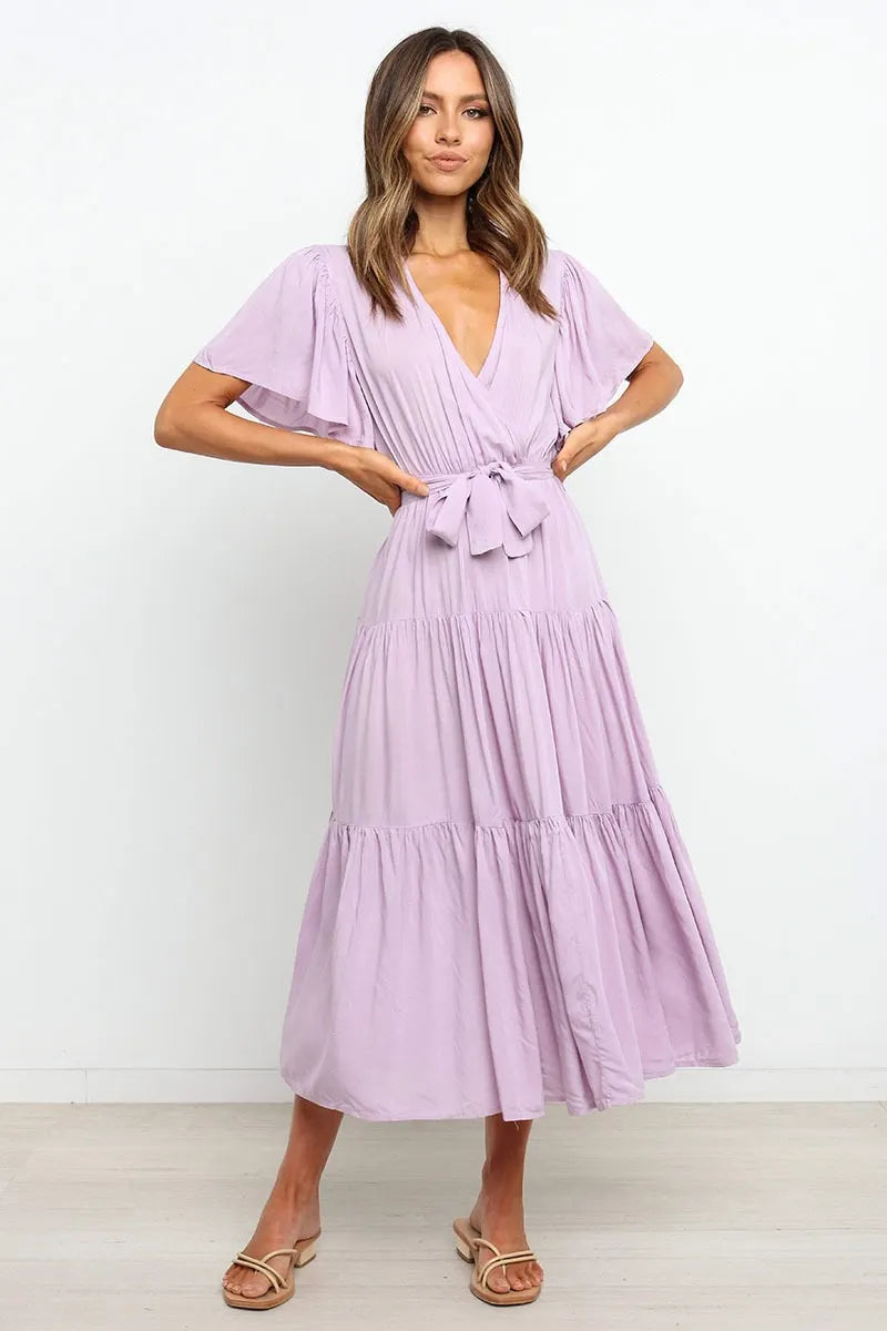 V Neck Flutter Short Sleeve Belted Tiered Maxi Swing Dress
