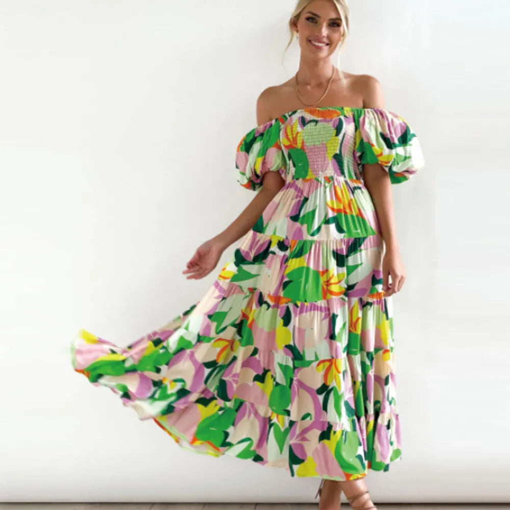 Abstract Print Off-Shoulder Maxi Dress