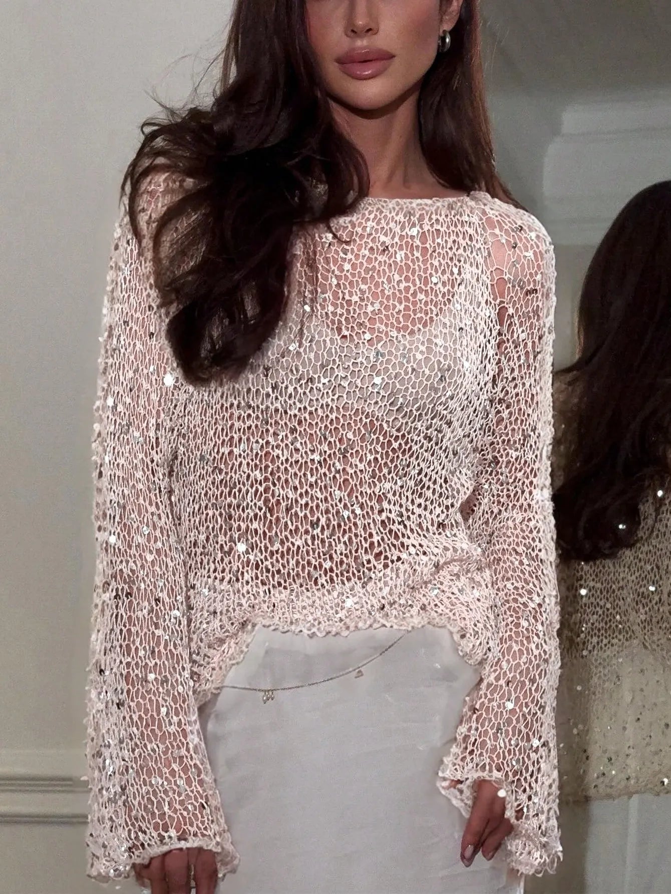 Sparkly Sequin Crochet Mesh Top, Boat Neck Long Bell Sleeve Sheer Knit