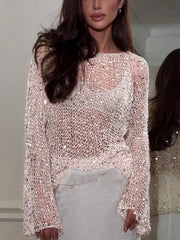 Sparkly Sequin Crochet Mesh Top, Boat Neck Long Bell Sleeve Sheer Knit