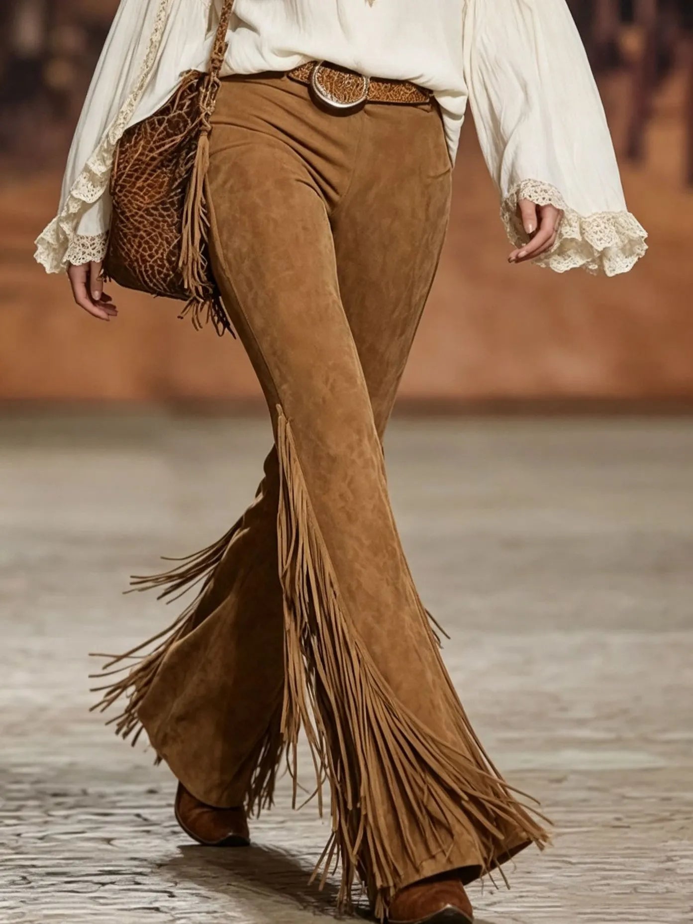 Boho Western Fringed Flared Pants, High Waist Faux Suede Tassel Bell Bottoms