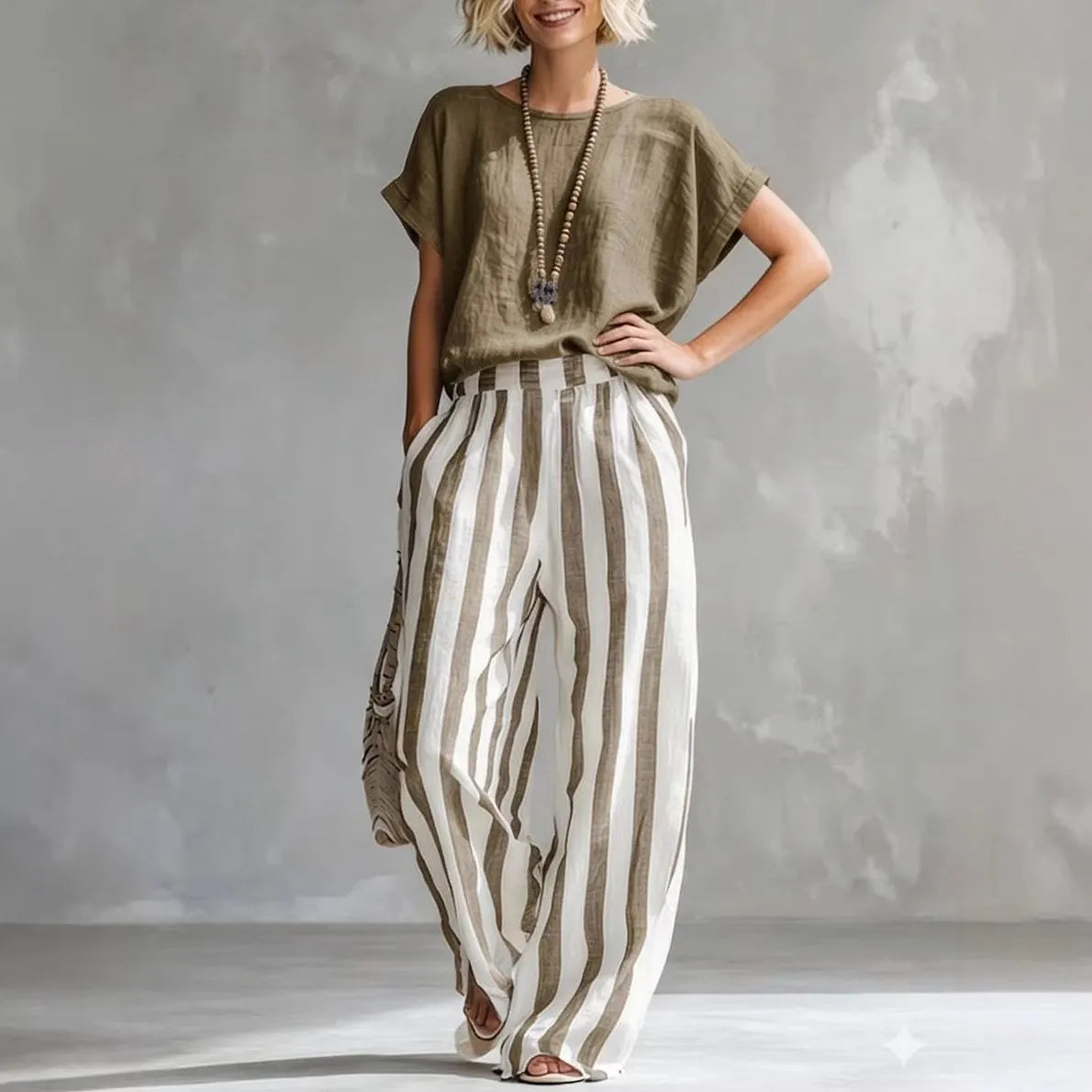 Solid Color Short-Sleeve Top & Striped Wide-Leg Pants Set
