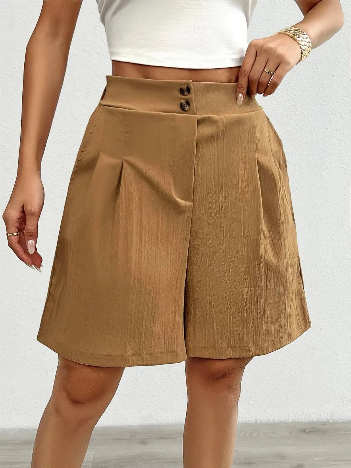 High Waist Double Button Pleated Casual Bermuda Shorts