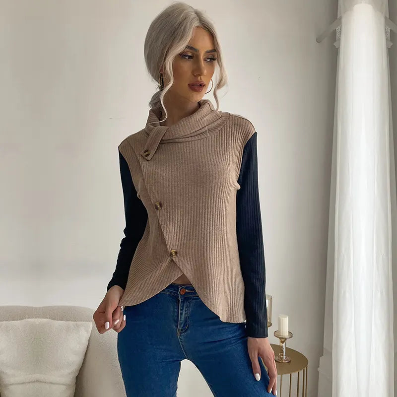Irregular Spliced Stacked Collar Pullover Sweater