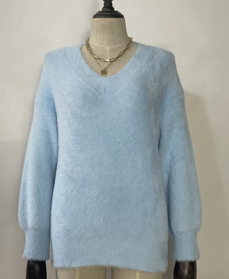 Bright Orange Furry V Neck Sweater Ladies Balloon Sleeve Soft Casual Fall Knit Top