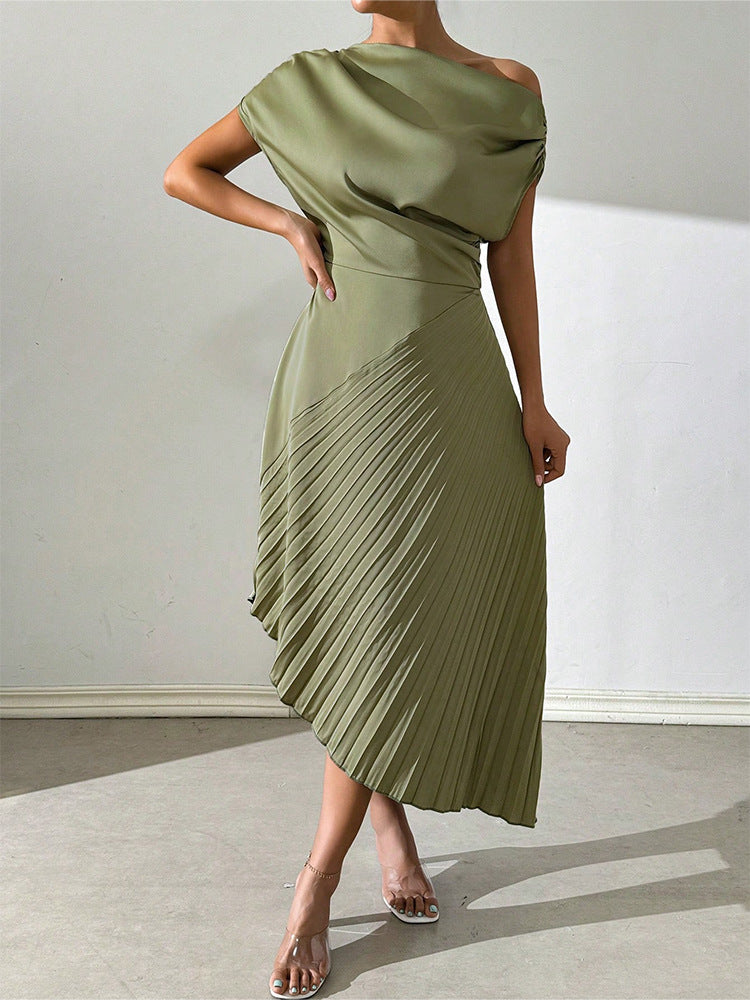 Asymmetric Satin Pleated Midi Dress