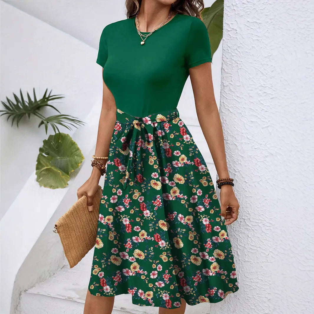 Color Block Floral Tie Waist A-Line Midi Dress Round Neck Short Sleeve Elegant Campus Daily Dress