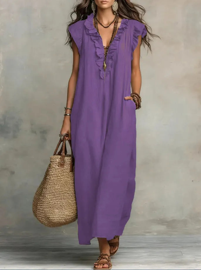 Ruffle-Trimmed Linen-Blend Maxi Dress