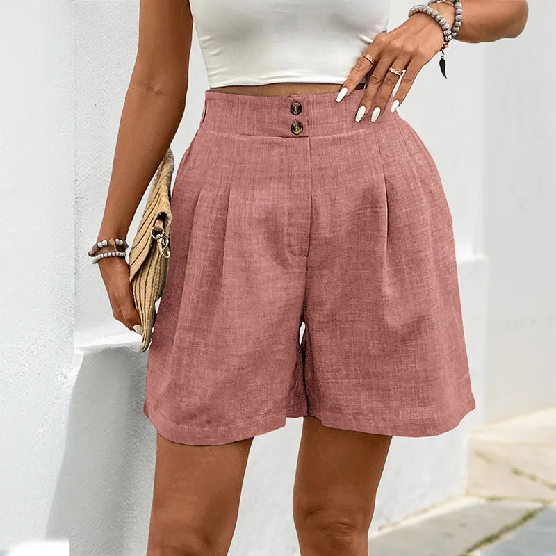 High Waist Double Button Pleated Linen Bermuda Shorts