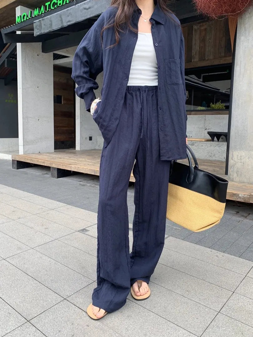 Oversized Long Sleeve Shirt Drawstring Shorts / Pants 2 Piece Casual Suit
