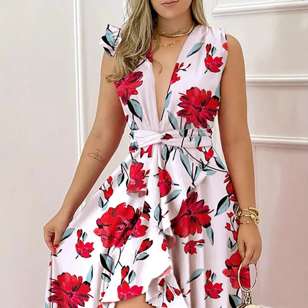 Deep V Neck Ruffle Floral High Low Maxi Dress