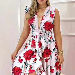 Deep V Neck Ruffle Floral High Low Maxi Dress