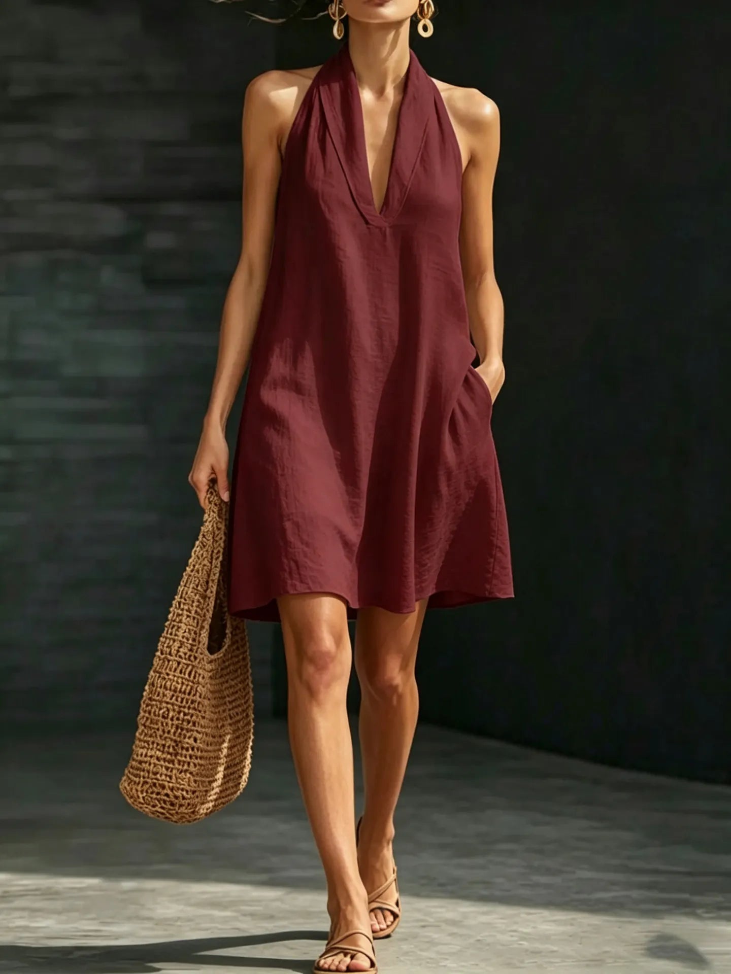 Halter V-Neck Sleeveless Loose A-Line Midi Dress