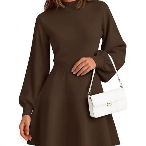 Elegant Mock Neck Knit Dress, Puff Sleeve A-line Mini Dress for Autumn Outfit