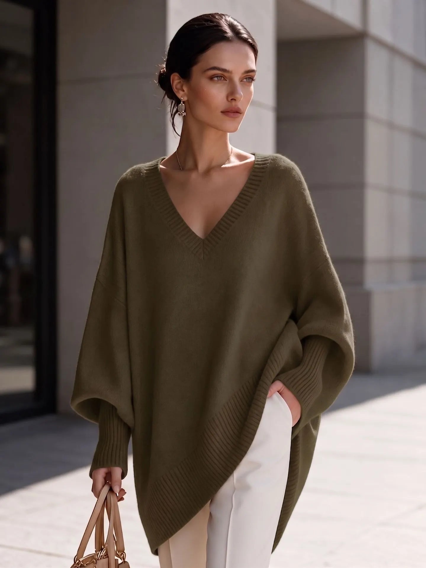 Dusty Pink Oversized V Neck Tunic Sweater, Batwing Long Sleeve Soft Knit Top
