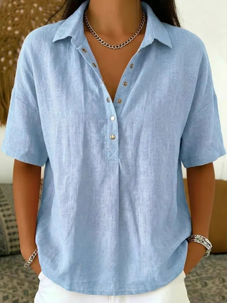 Solid Color Lapel Half-Button Short Sleeve Blouse