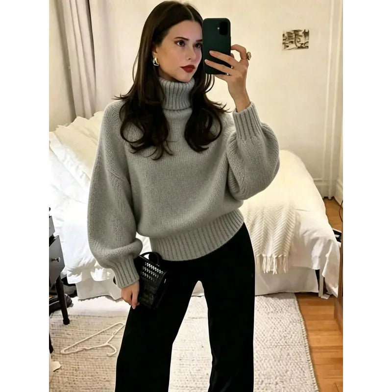 Oversized Chunky Knit Turtleneck Jumper Ladies Drop Shoulder Puff Sleeve Sweater, Long Sleeve / 5 Point Sleeve