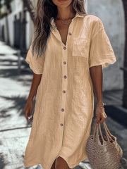 Short Sleeve Pocket Linen Shirt Dress Button Front Casual Midi Dress