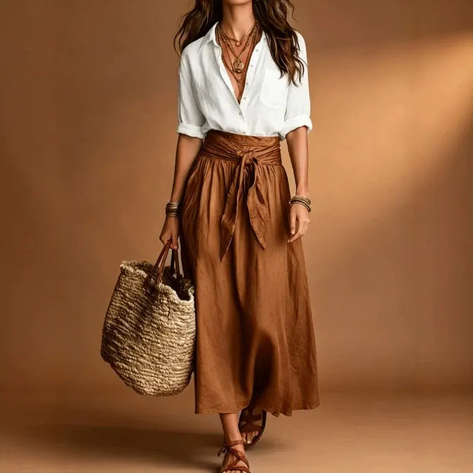 Color Matching Long Sleeve Shirt & Tie Waist Midi Skirt Two Piece Set