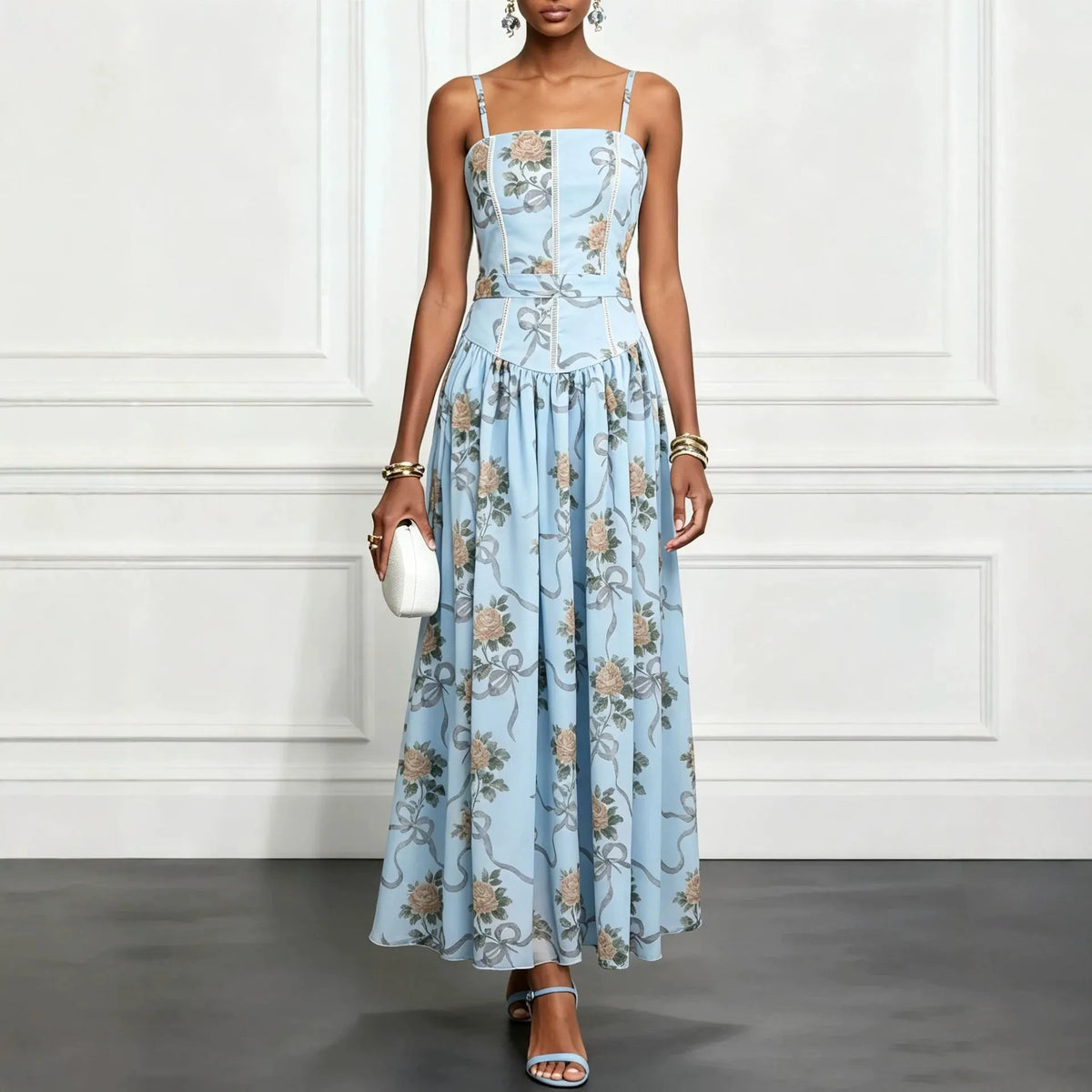 Floral Print Adjustable Spaghetti Strap Mid Waist Slim A-Line Maxi Dress