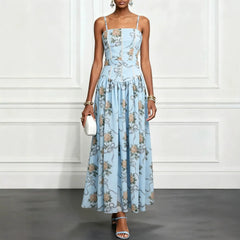 Floral Print Adjustable Spaghetti Strap Mid Waist Slim A-Line Maxi Dress