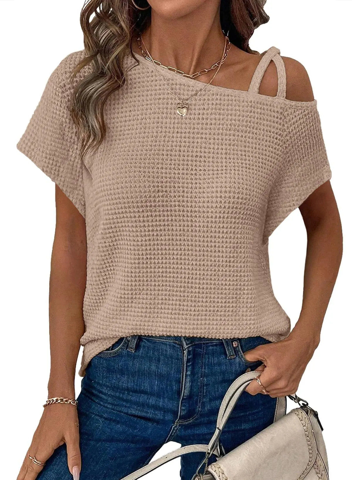 Waffle Knit Asymmetrical Cold Shoulder T-Shirt