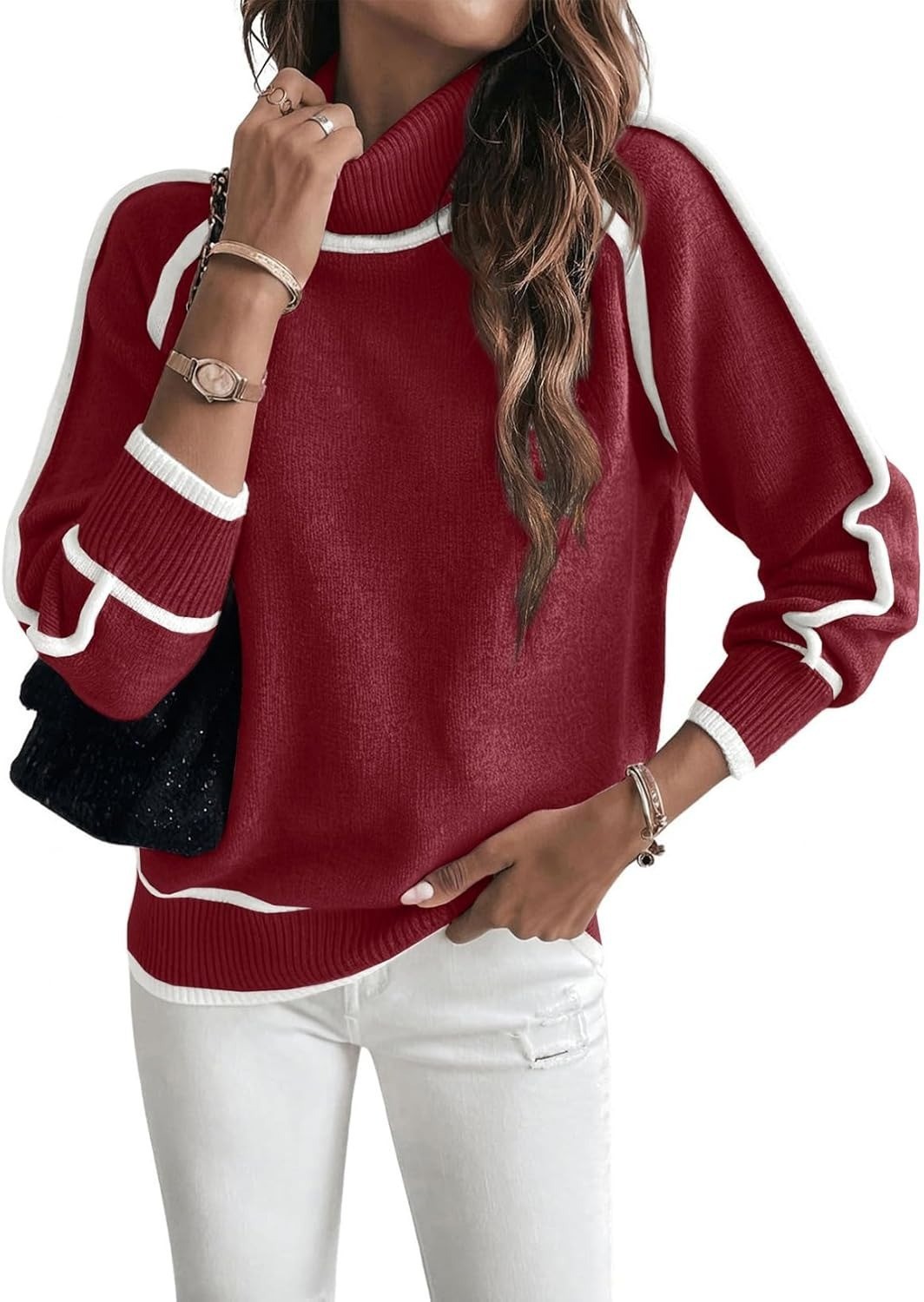 Contrast Trim Turtleneck Sweater, Ladies Raglan Sleeve Soft Knit Loose Fit Casual Pullover