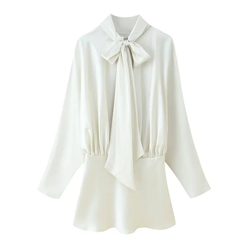 Solid Tie Scarf Collar Pleated Long Sleeve Satin Mini Dress