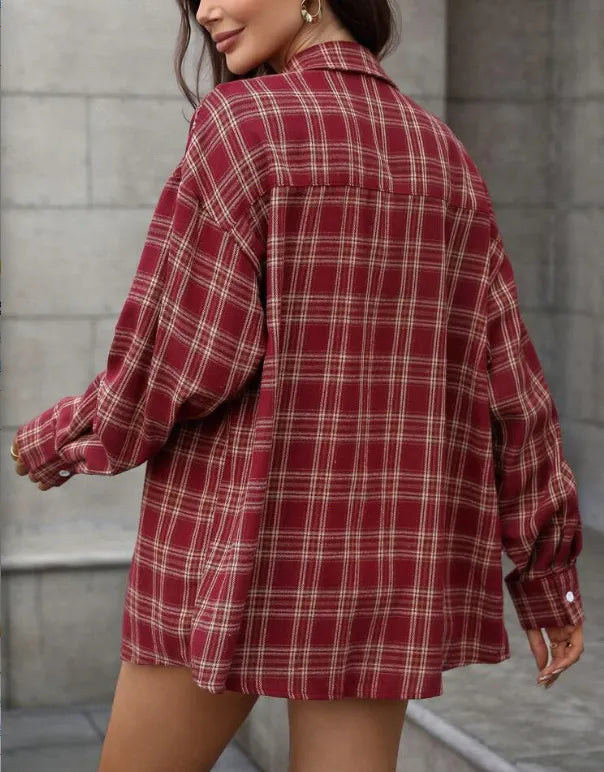 Wine Red Tartan Plaid Shirt, Oversized Longline Button Front Casual Blouse