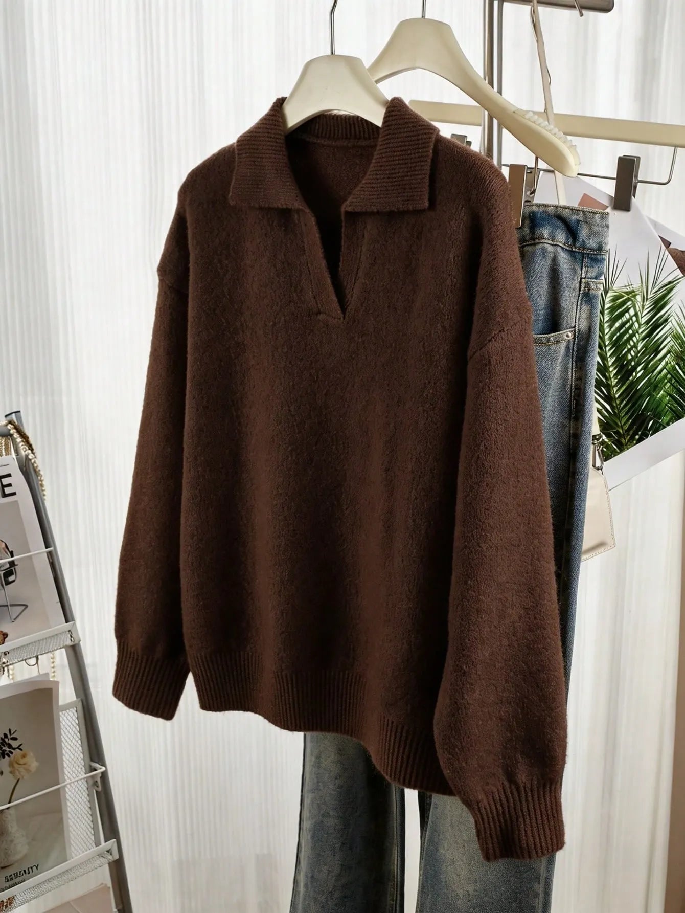 Coffee Brown Collared V Neck Knit Sweater