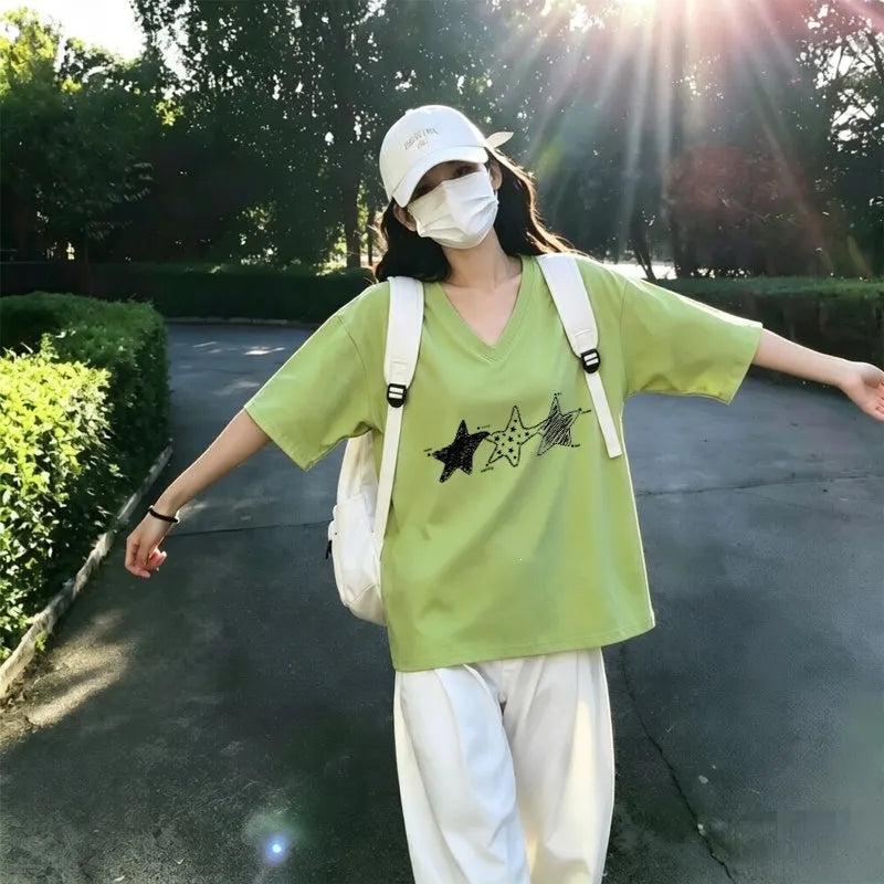V Neck Pentagram Print Loose Pure Cotton Short Sleeve Casual T-shirt