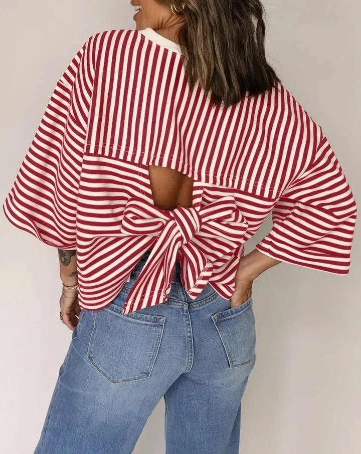 Crew Neck Horizontal Striped Loose Short Horn Sleeve Casual T-Shirt