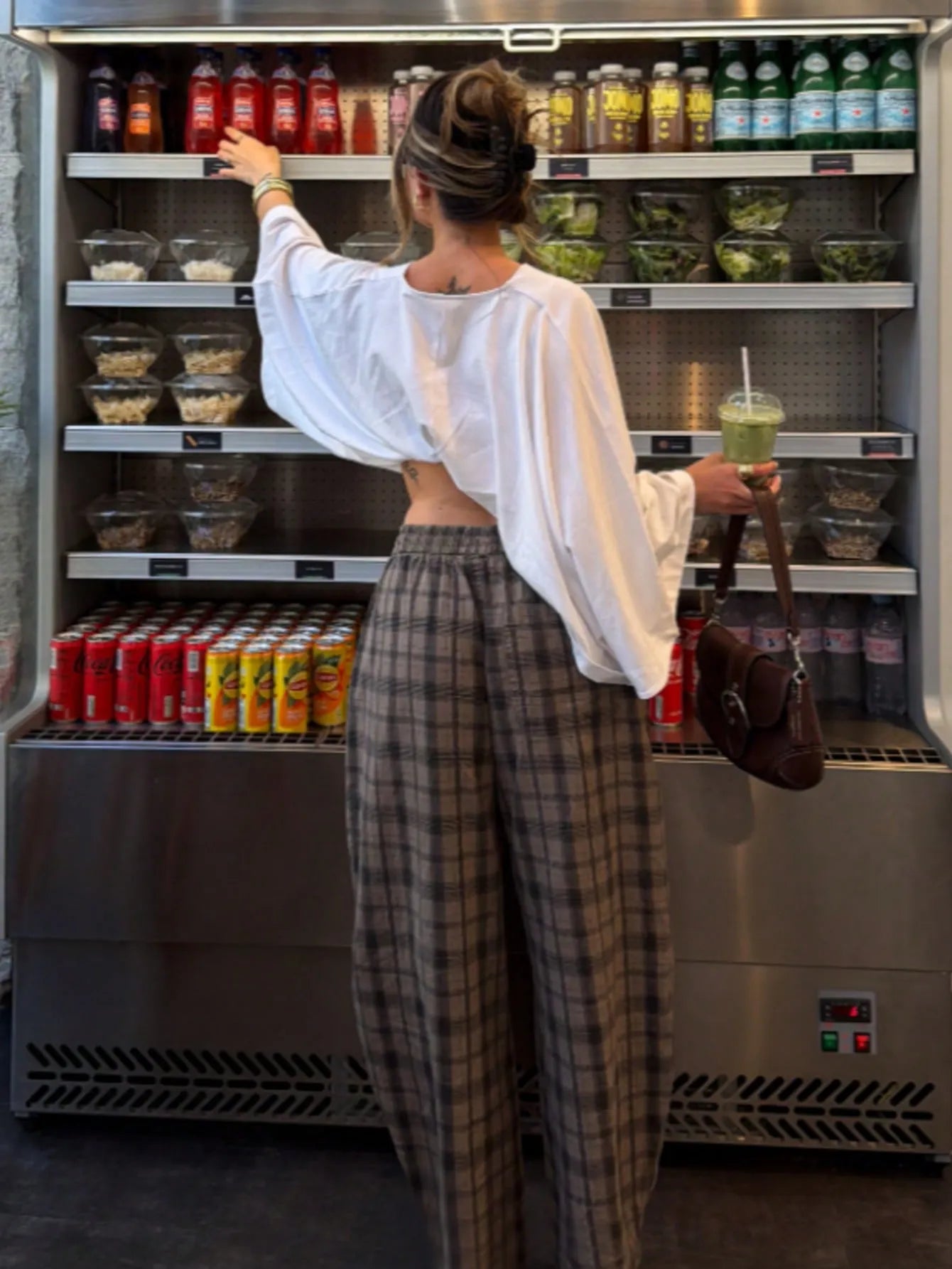 Plaid Elastic Waist Wide Leg Casual Pants