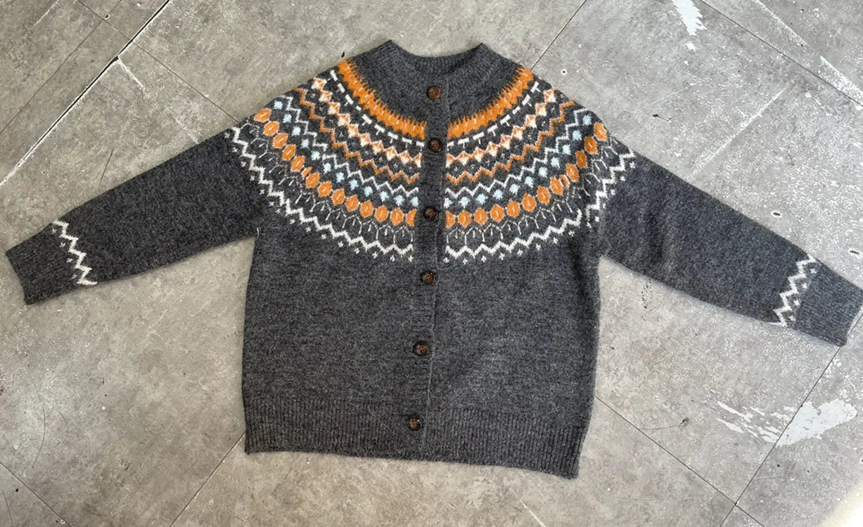 Vintage Fair Isle Knit Cardigan Round Neck Button Front Long Sleeve Sweater Jacket