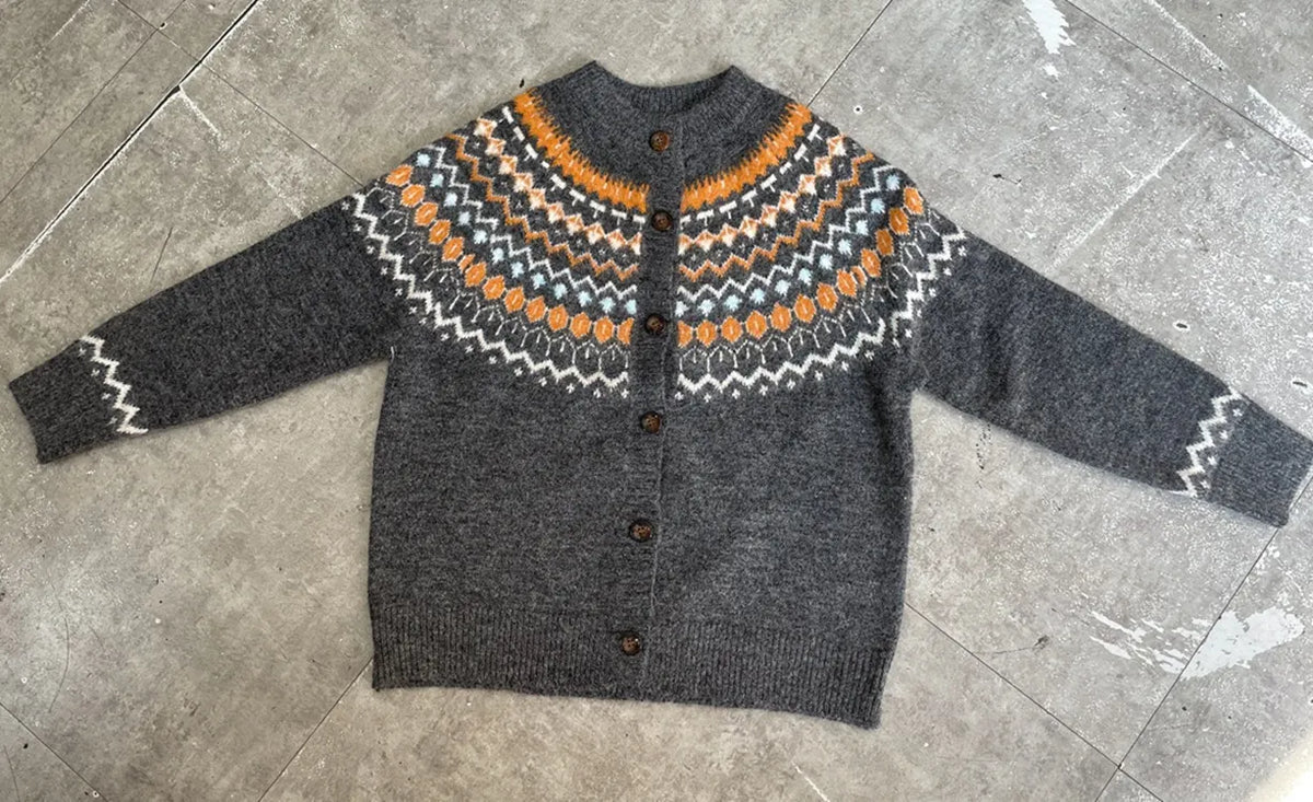 Vintage Fair Isle Knit Cardigan Round Neck Button Front Long Sleeve Sweater Jacket